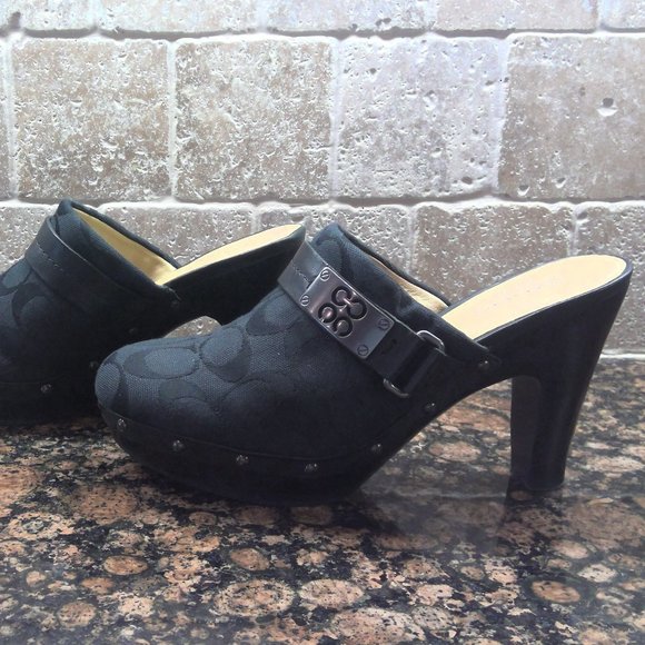 Coach Shoes Coach Black Buckle Signature Studded Wooden 4n Heel Platform Black Cloggs 7 B